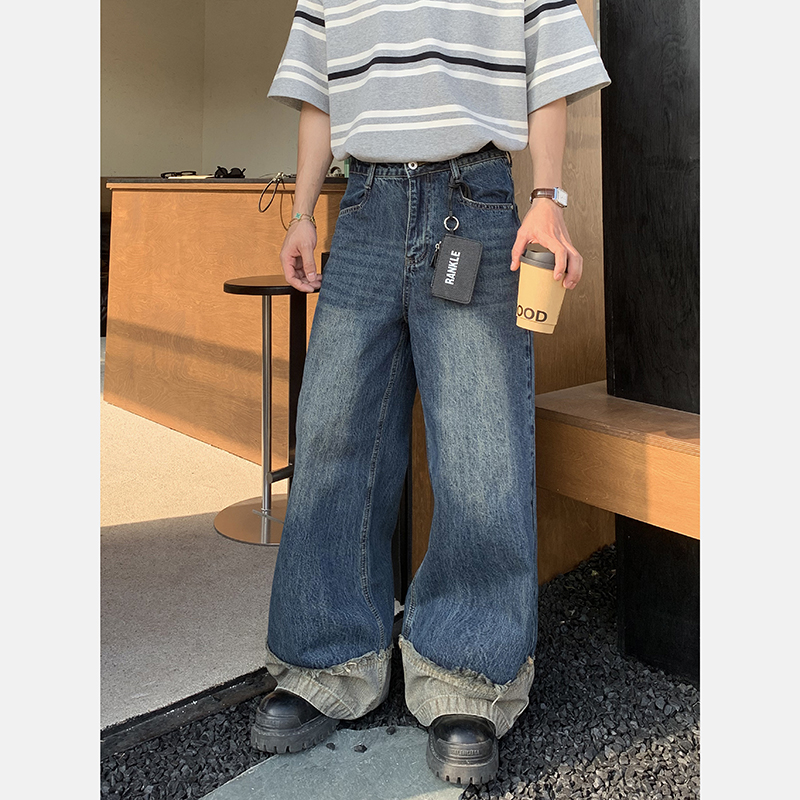 PLTH*美式复古水洗拼接假两条牛仔裤男夏季潮牌宽松休闲百搭长裤