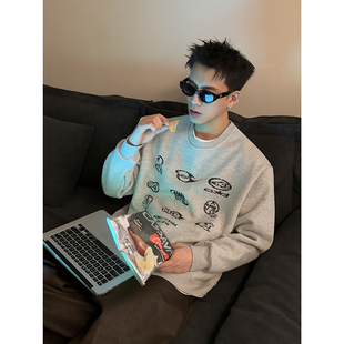 PLTH 复古多LOGO印花秋冬重磅羊羔毛加绒圆领百搭宽松卫衣男 美式