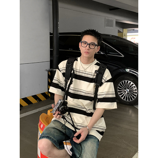 潮牌百搭情侣休闲圆领半袖 男夏季 日系复古宽松重磅条纹短袖 PLTH