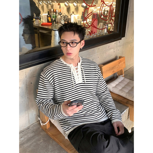 T恤男日系cityboy风亨利领宽松上衣潮 复古条纹系带长袖 PLTH 美式