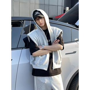 PLTH 上衣 连帽自带垫肩小众背心叠穿宽松百搭经典 三条杠男女同款