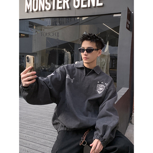 PLTH*美式复古水洗做旧印花套头V领夹克男春季新款运动训练服外套