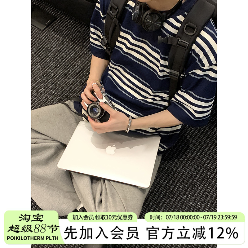 PLTH*复古宽松重磅条纹短袖男韩系夏季潮牌百搭情侣休闲圆领半袖