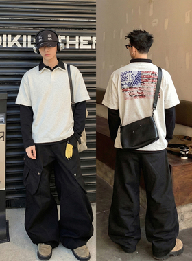 PLTH*美式复古假两件双层领Polo衫男宽松数码直喷印花设计感长袖