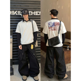 直喷印花设计感长袖 PLTH 男宽松数码 复古假两件双层领Polo衫 美式