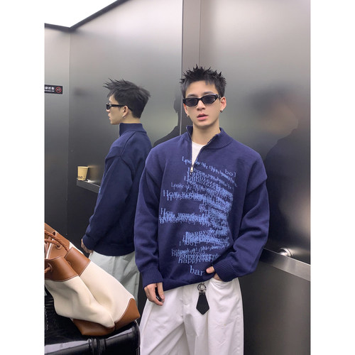 PLTH*小众设计感斜拉链半高领毛衣涂鸦字母印花宽松慵懒针织上衣