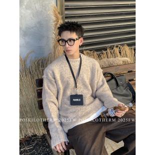 PLTH*冬季老钱风圆领新款套头针织衫复古上衣保暖休闲韩版男毛衣