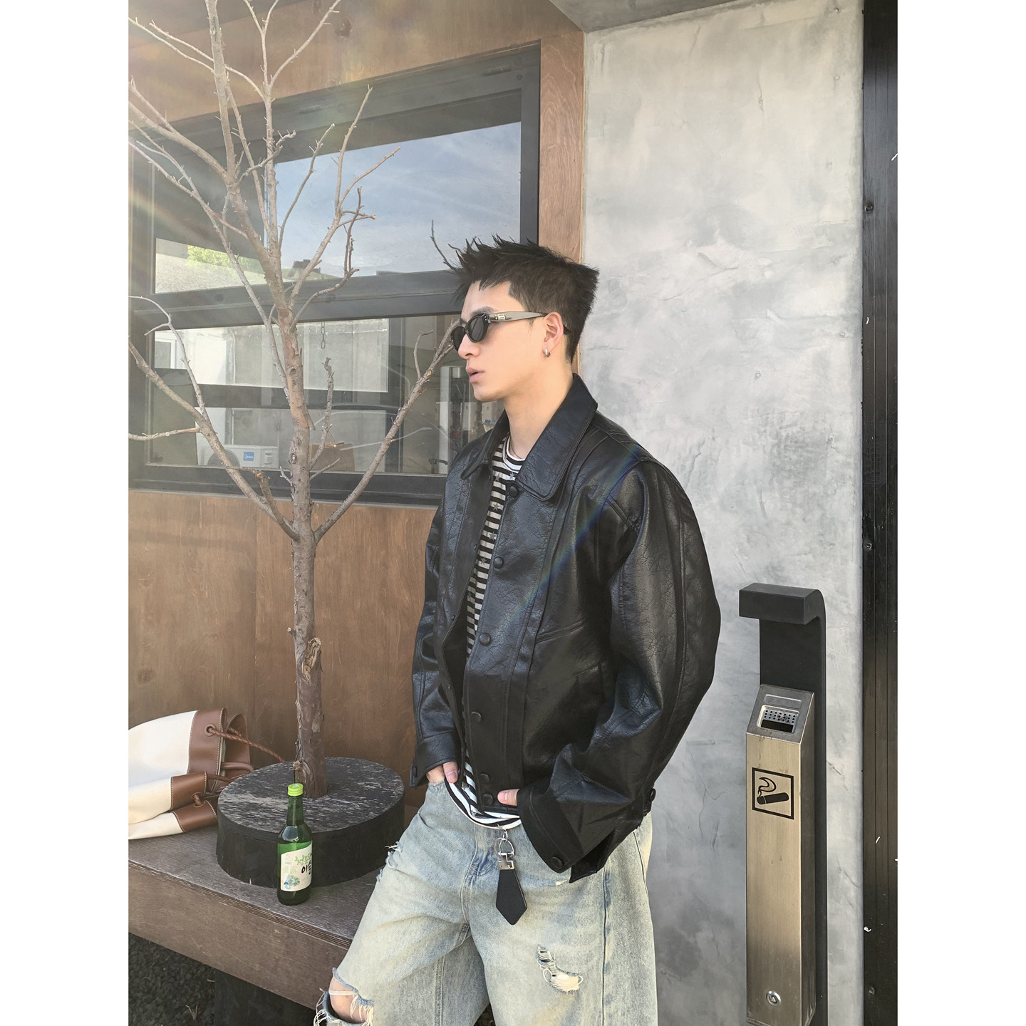PLTH*美式复古做旧裂纹PU皮衣男秋宽松翻领夹克高街痞帅休闲外套