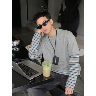 美式 打底衫 复古假两件条纹长袖 休闲百搭拼接男女同款 潮 春款 PLTH