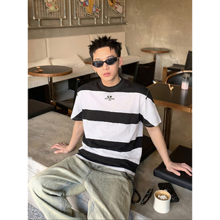 复古拼接条纹短袖 美式 T恤男女宽松设计感小众百搭上衣潮 夏季 PLTH