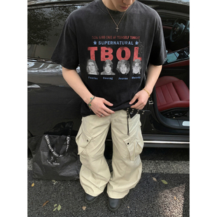 潮 复古360g重磅做水洗旧T恤男宽松圆领乐队人像情侣短袖 PLTH 美式