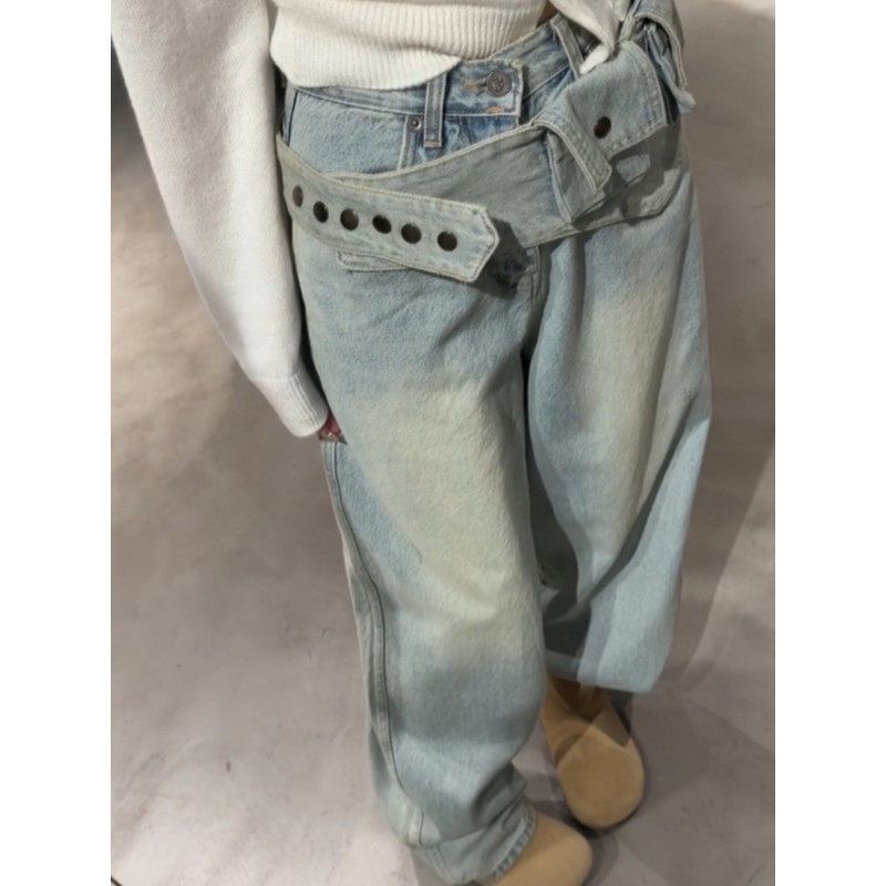 大码胖mm美式复古腰封拼接直筒牛仔裤女秋冬设计感宽松百搭阔腿裤,女装/女士精品,大码裤装,淘宝优惠券,粉丝福利购,淘宝优惠卷