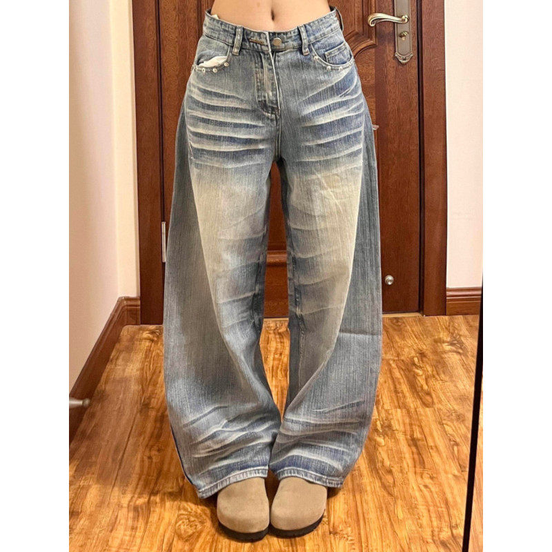 大码胖mm美式水洗猫须纹弯刀牛仔裤女春季设计感高腰宽松阔腿长裤,女装/女士精品,大码裤装,淘宝优惠券,粉丝福利购,淘宝优惠卷