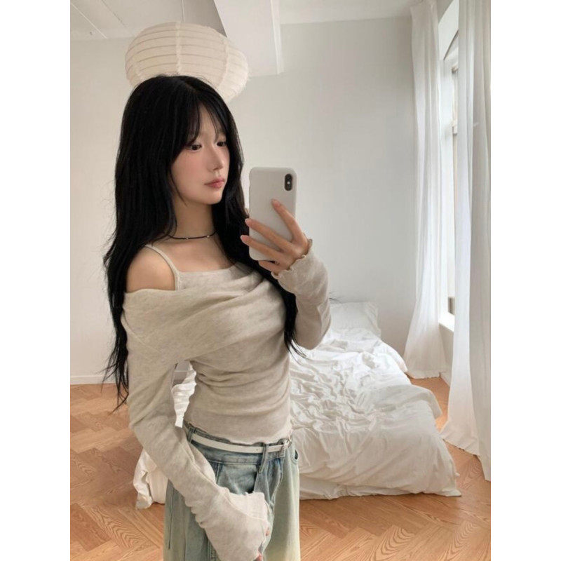 大码胖mm韩系纯欲风一字肩吊带长袖女春季设计感褶皱收腰荡领上衣,女装/女士精品,大码内搭,淘宝优惠券,粉丝福利购,淘宝优惠卷