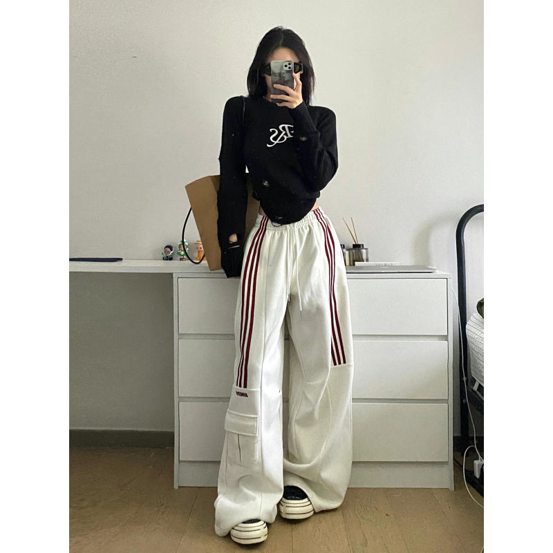 大码美式复古条纹工装卫裤女休闲