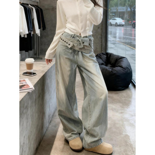 大码美式高街不规则腰带牛仔裤女