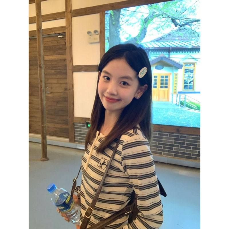 大码美式复古亨利领条纹长袖T恤