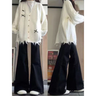 大码美式复古低腰微喇牛仔裤加绒