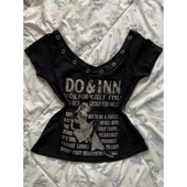 胖mm美式 y2k千禧辣妹字母v领短袖 T恤女夏季 大码 复古修身 收腰上衣