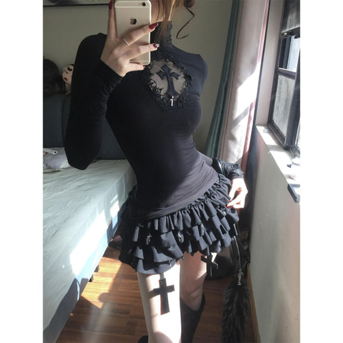 大码美式辣妹镂空十字架长袖t恤