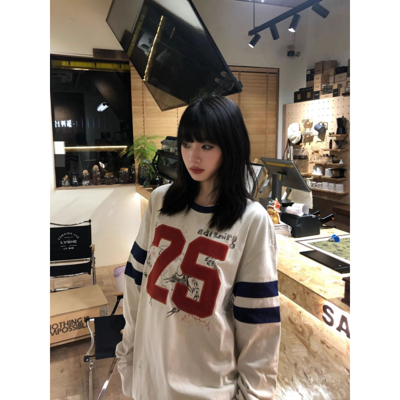 大码美式复古街头宽松长袖t恤女
