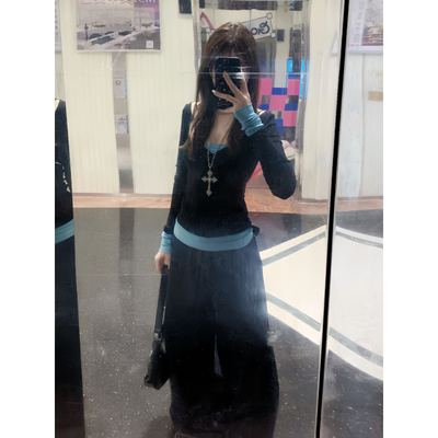 大码美式假两件撞色V领长袖t恤女