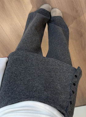 大码胖mm美式复古屁帘假两件休闲裤女秋冬加绒设计感阔腿拖地裤潮