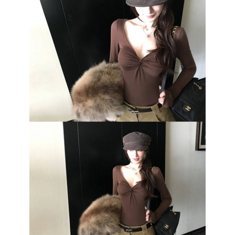 大码韩系辣妹v领扭结长袖t恤女