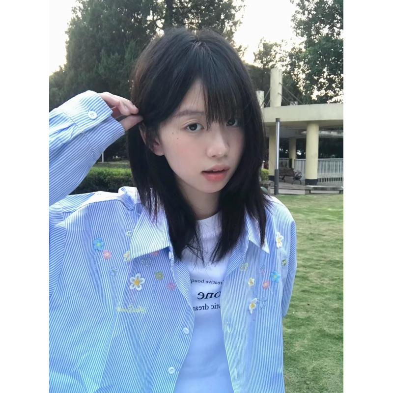 大码国潮牌立体小花刺绣条纹衬衫