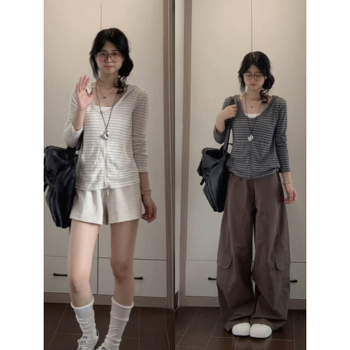 大码美式复古条纹连帽开衫上衣女