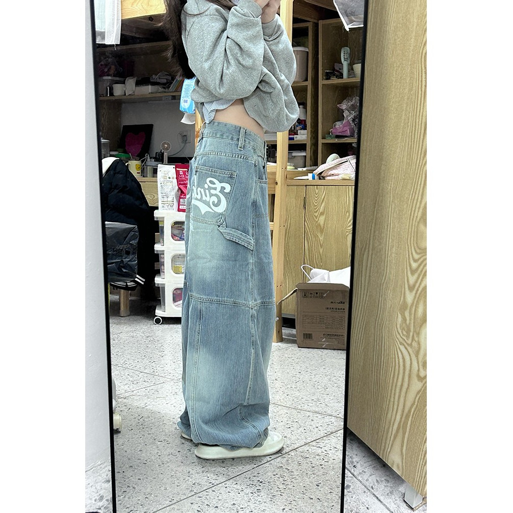 大码弯刀牛仔裤女工装阔腿直筒裤