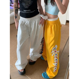 宽松显瘦阔腿卫裤 大码 女秋季 街头侧边字母印花抽绳休闲裤 胖mm美式