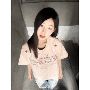 大码 复古粉色字母刺绣短袖 t恤女夏季 小众宽松设计感上衣 胖mm美式