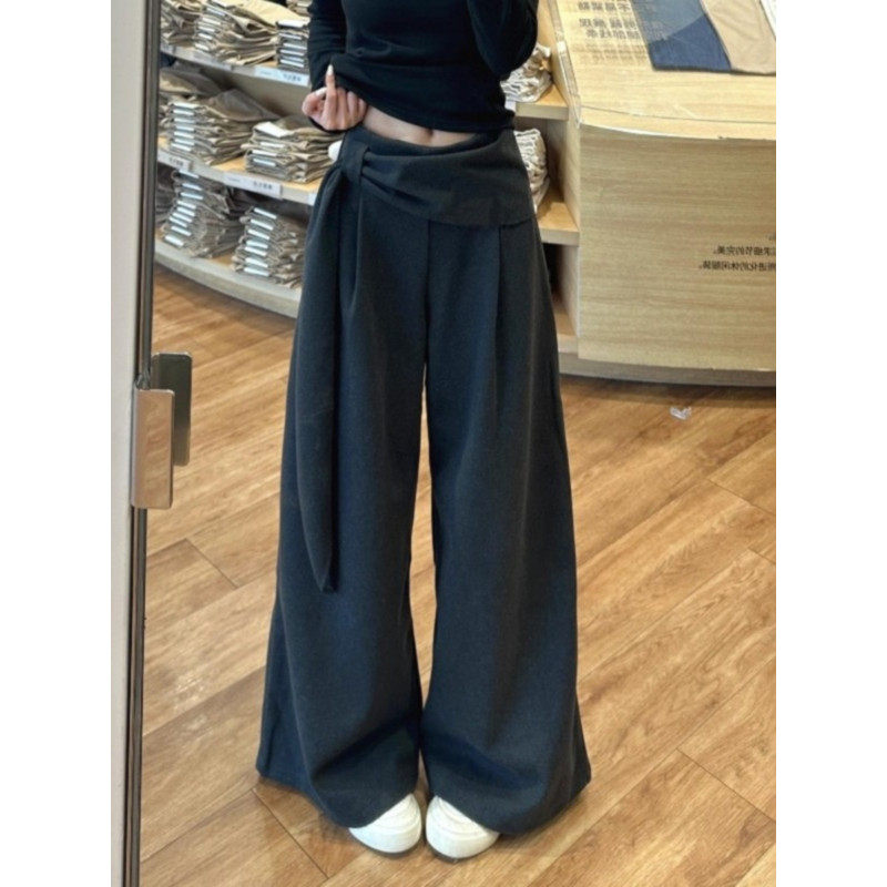 大码胖mm美式设计感高腰绑带阔腿毛呢裤女秋冬宽松垂感休闲拖地裤