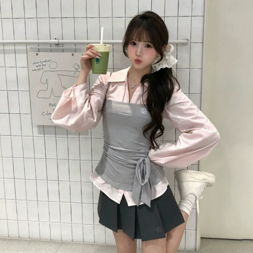 粉色拼接假两件收腰长袖衬衫女
