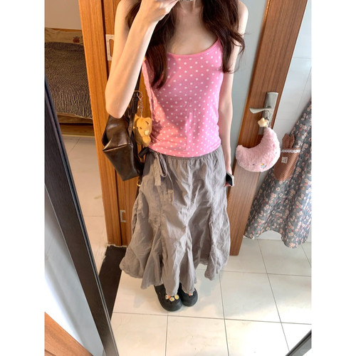 大码美式复古粉色波点吊带背心女