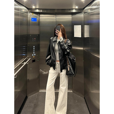 大码美式白色不贴腿微喇牛仔裤女