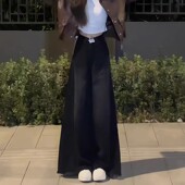 胖mm复古高腰显瘦宽松大喇叭裤 梨形身材黑色阔腿牛仔裤 女春秋大码