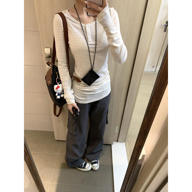 大码美式复古撞色条纹长袖t恤女