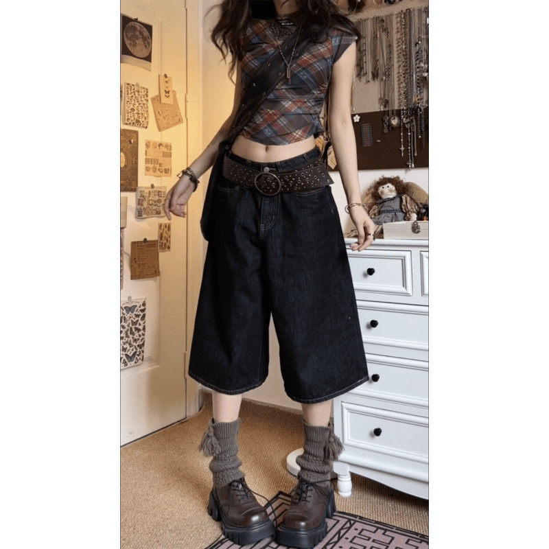 大码胖mm美式复古黑色牛仔七分裤女夏季宽松显瘦直筒阔腿中裤短裤,女装/女士精品,大码裤装,淘宝优惠券,粉丝福利购,淘宝优惠卷