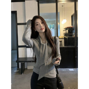 大码胖mm韩系设计感飘带正肩长袖t恤女秋冬季修身显瘦打底衫上衣