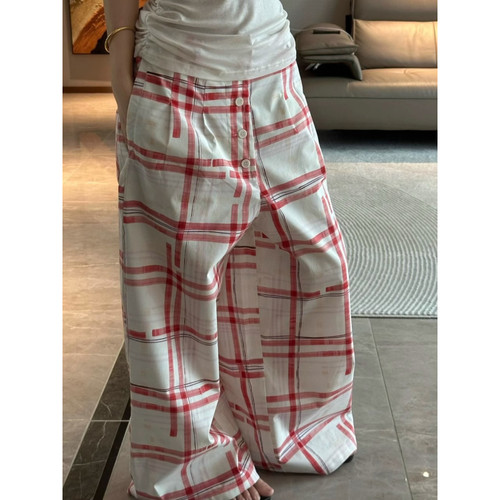 大码美式复古红格纹休闲裤女阔腿