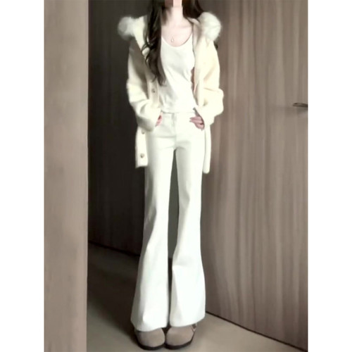 大码美式复古白色高腰微喇牛仔裤