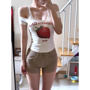 胖mm美式 女夏季 大码 复古卡其色辣妹牛仔短裤 高腰修身 显瘦包臀热裤
