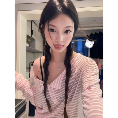 大码胖mm美式粉色条纹露肩长袖女