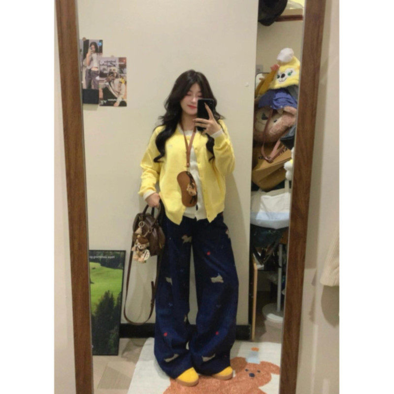 大码胖mm美式复古小狗刺绣牛仔裤女秋冬设计感高腰宽松阔腿拖地裤,女装/女士精品,大码裤装,淘宝优惠券,粉丝福利购,淘宝优惠卷