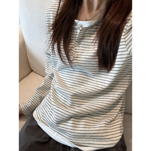 大码胖mm美式复古假两件条纹圆领长袖T恤女秋冬修身内搭小众上衣