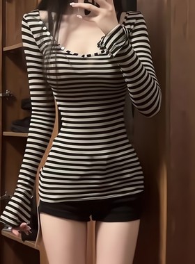 大码胖mm美式复古条纹正肩T恤女春秋季纯欲辣妹修身显瘦长袖上衣