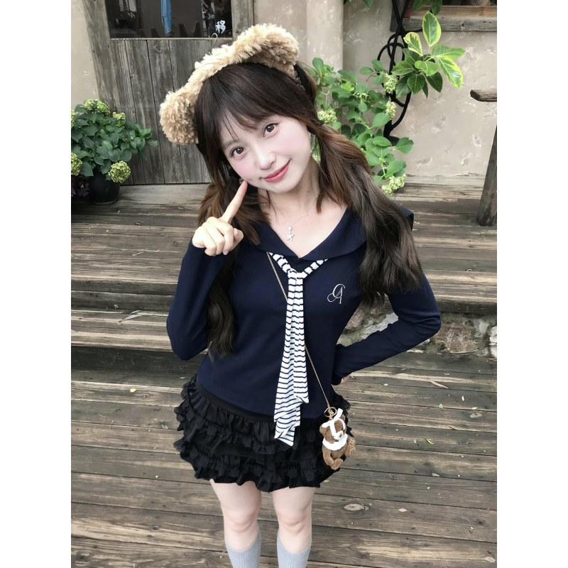 大码美式复古条纹海军领长袖t恤