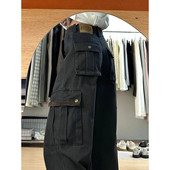 胖mm美式 复古多口袋工装 牛仔裤 大码 女秋冬高街设计感宽松阔腿裤 子